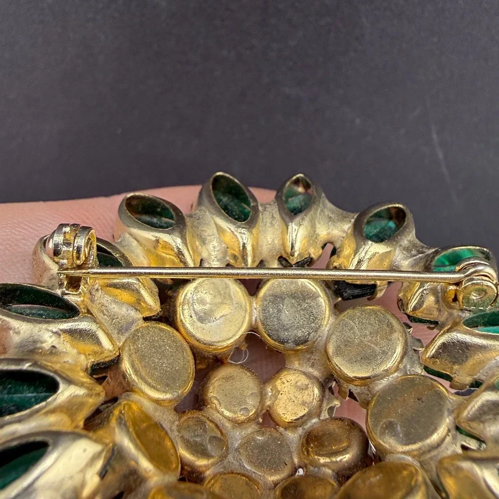 Vintage Rhinestone Brooch Green Aurora Borealis Large Dome